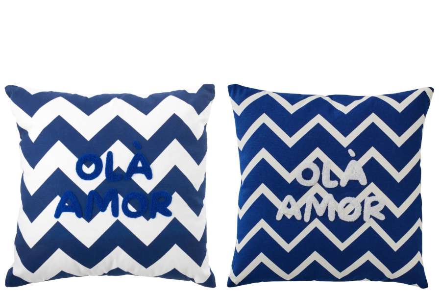 CUSHION OLA AMOR COTTON WHITE/DARK BLUE ASSORTMENT OF 2