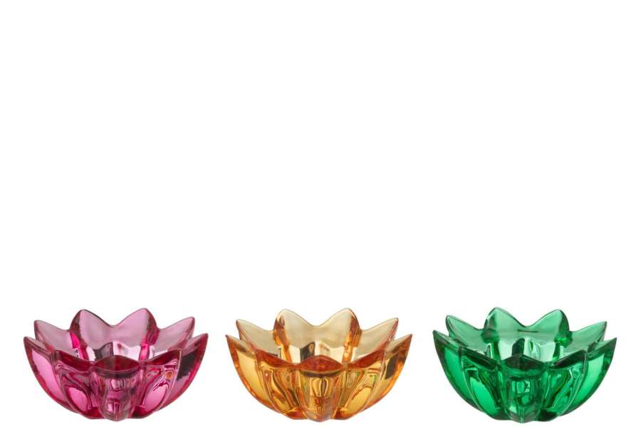 TEALIGHT HOLDER FLOWERS GLASS MIX ASSORTMENT OF 3