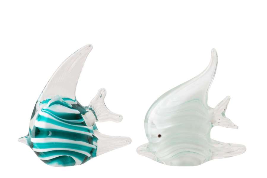 PAPERWEIGHT FISH STRIPED GLASS TURQUOISE/WHITE SMALL ASSORTMENT OF 2