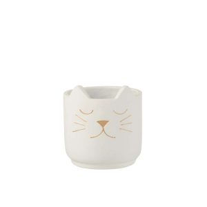 FLOWER POT CAT CEMENT WHITE GOLD SMALL