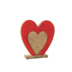 HEART DOUBLE ON STAND MANGO WOOD RED/NATURAL LARGE