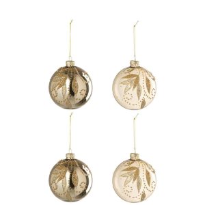BOX OF 4 CHRISTMAS BAUBLE LEAVES + DOTS GLASS GOLD COLORED