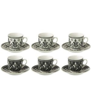 BOX OF 6 COFFEE CUP+SAUCER LEAVES CERAMICS BLACK/WHITE