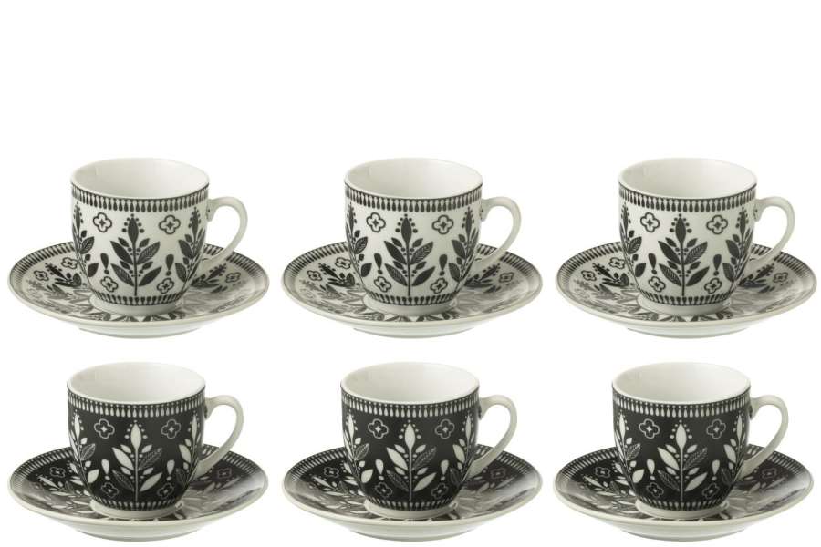 BOX OF 6 COFFEE CUP+SAUCER LEAVES CERAMICS BLACK/WHITE