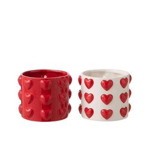 FLOWERPOT HEARTS PATTERN CERAMIC WHITE/RED ASSORTMENT OF 2