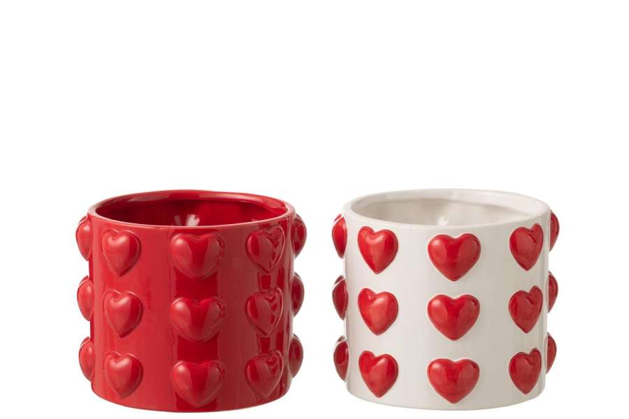 FLOWERPOT HEARTS PATTERN CERAMIC WHITE/RED ASSORTMENT OF 2