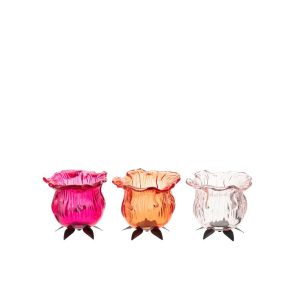 TEALIGHT HOLDER FLOWER GLASS ORANGE/PINK ASSORTMENT OF 3
