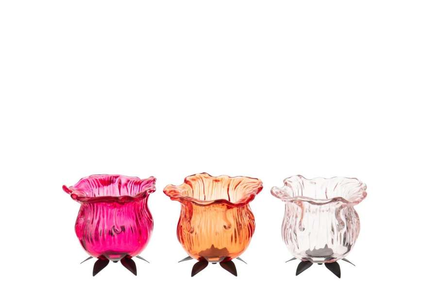 TEALIGHT HOLDER FLOWER GLASS ORANGE/PINK ASSORTMENT OF 3