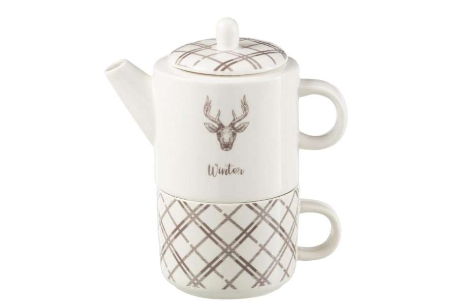 TEA POT+CUP REINDEER WINDOWNBOX CERANMICS WHITE/BROWN