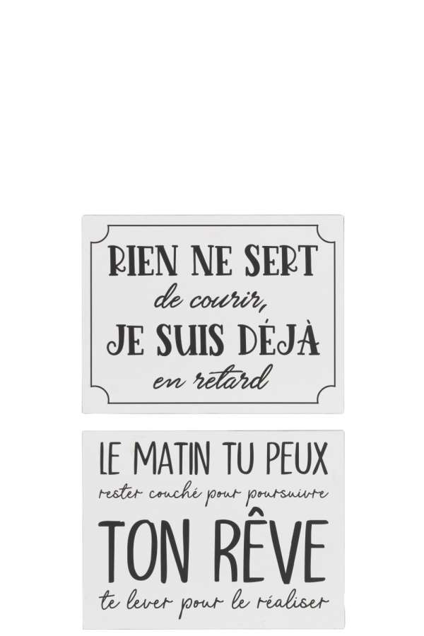 PLACARD TEXTS FRENCH RETARD REVE METAL WHITE/BLACK ASSORTMENT OF 2