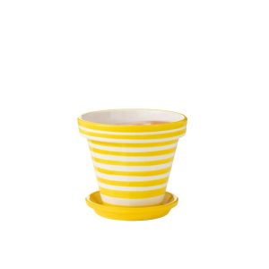 FLOWERPOT+PLATE GRANADA STRIPES HANDMADE/HANDPAINTED CERAMIC YELLOW/WHITE LARGE