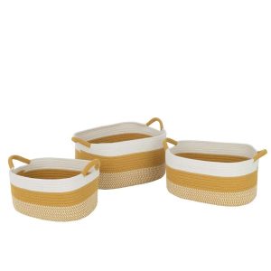 SET OF 3 COIL BASKET RECTANGLE STRIPES+HANDLES TEXTILE WHITE/ORANGE