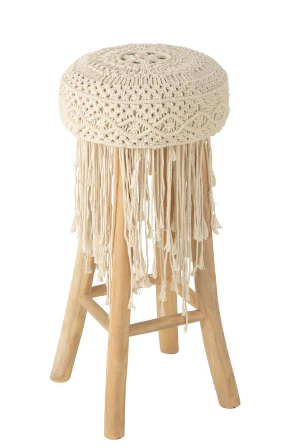 STOOL FRINGES WOOD/MACRAME WHITE