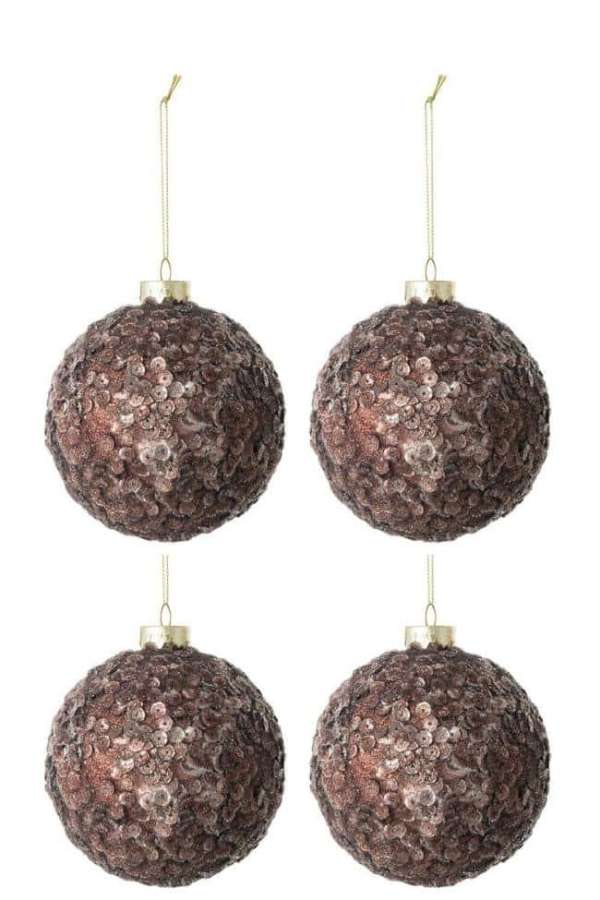 BOX OF 4 CHRISTMAS BAUBLES SEQUINS SUGAR MATTE GLASS DARK BROWN MEDIUM