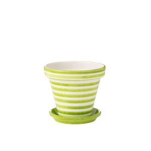 FLOWERPOT+PLATE GRANADA STRIPES HANDMADE/HANDPAINTED CERAMIC GREEN/WHITE LARGE