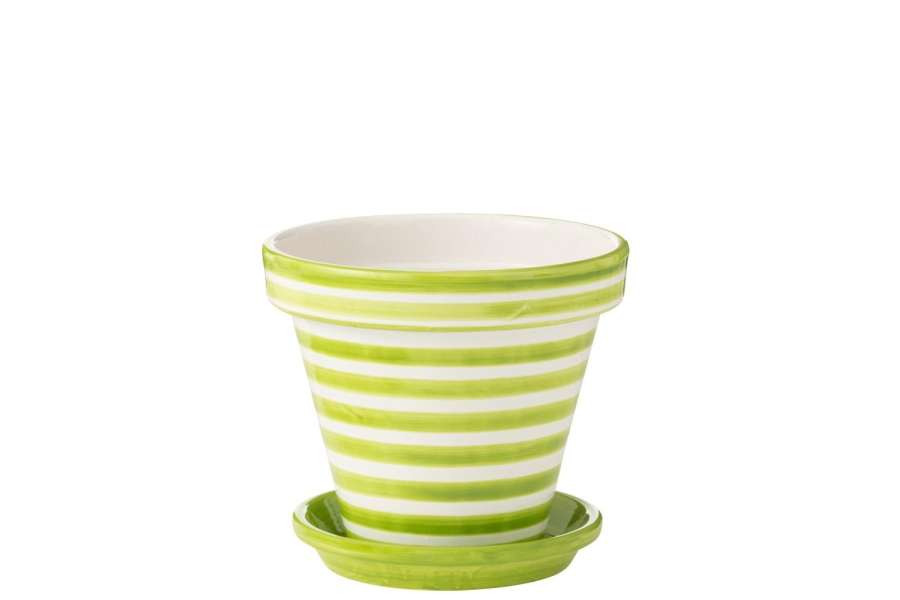 FLOWERPOT+PLATE GRANADA STRIPES HANDMADE/HANDPAINTED CERAMIC GREEN/WHITE LARGE