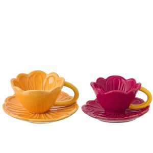 TEA CUP + SAUCER FLOWER PORCELAIN DARK RED/WARM YELLOW ASSORTMENT OF 2