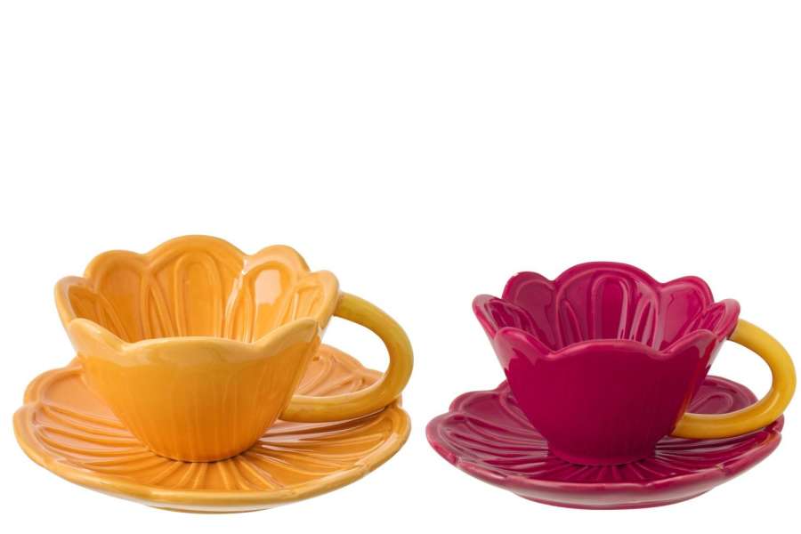 TEA CUP + SAUCER FLOWER PORCELAIN DARK RED/WARM YELLOW ASSORTMENT OF 2