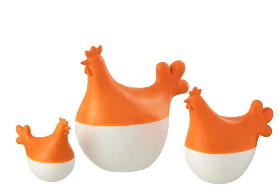 SET OF 3 ROOSTERS POLYRESIN WHITE/ORANGE