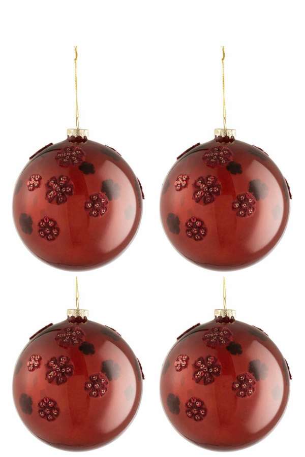 BOX OF 4 CHRISTMAS BAUBLES FLOWERS GLASS BURGUNDY LARGE