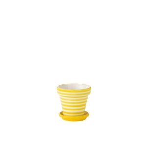 FLOWERPOT+PLATE GRANADA STRIPES HANDMADE/HANDPAINTED CERAMIC YELLOW/WHITE SMALL