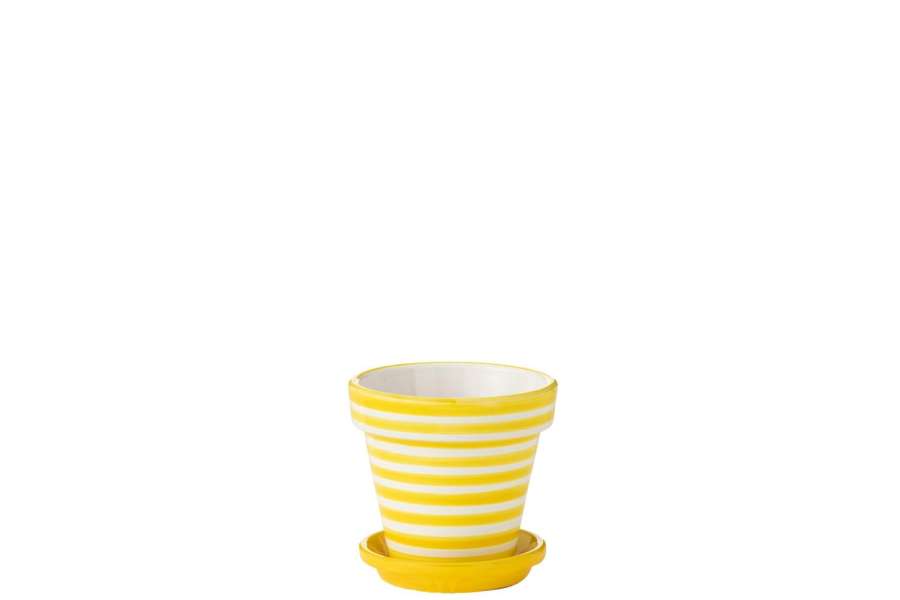 FLOWERPOT+PLATE GRANADA STRIPES HANDMADE/HANDPAINTED CERAMIC YELLOW/WHITE SMALL