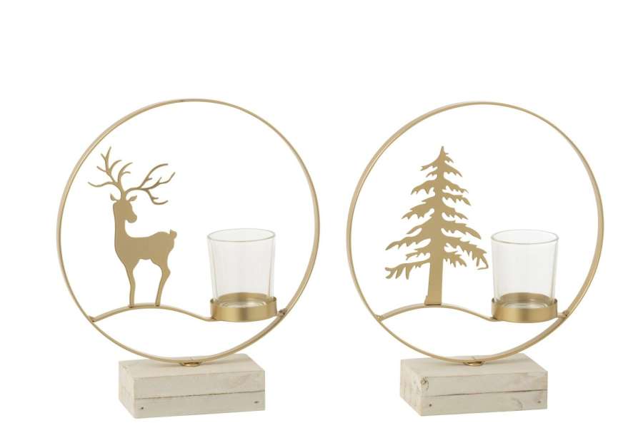 TEALIGHT HOLDER ROUND REINDEER WOOD GOLD COLORED/WHITE ASSORTMENT OF 2