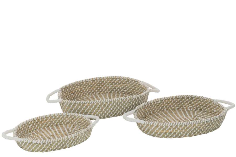 SET OF 3 BASKET OVAL HANDLES STRAW NATURAL/WHITE