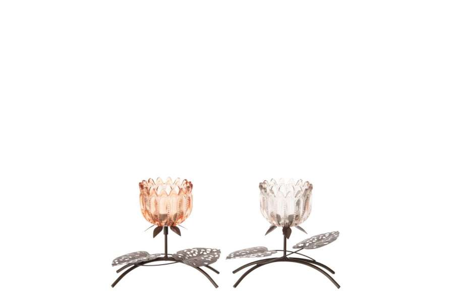 TEALIGHT HOLDER FLOWER IRON LIGHT PINK/ORANGE SMALL ASSORTMENT OF 2