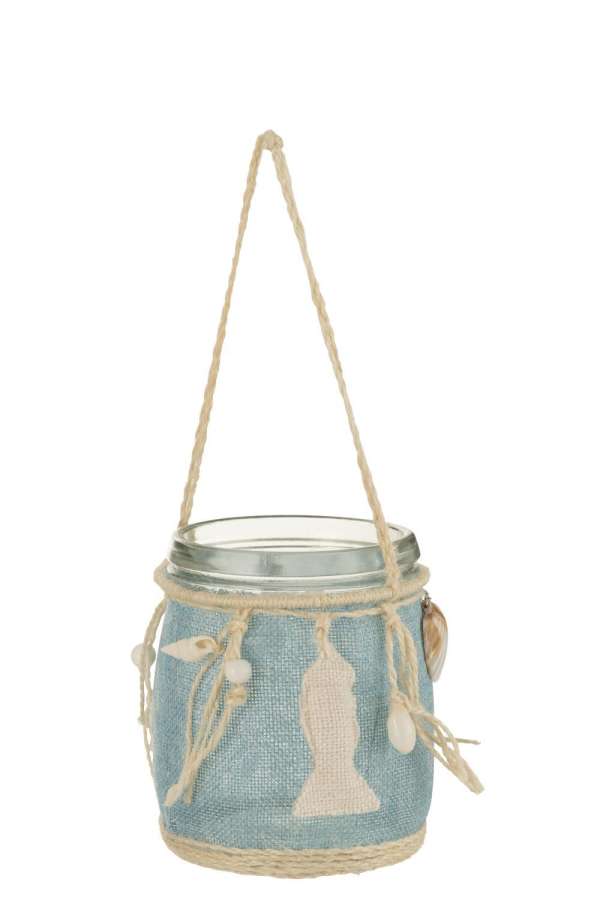 TEALIGHT HANGER SEA DECORATION GLASS BLUE/WHITE
