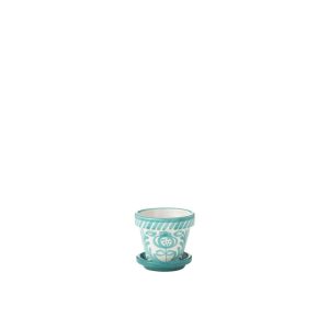 FLOWERPOT+PLATE GRANADA HANDMADE/HANDPAINTED CERAMIC AQUA/WHITE EXTRA SMALL
