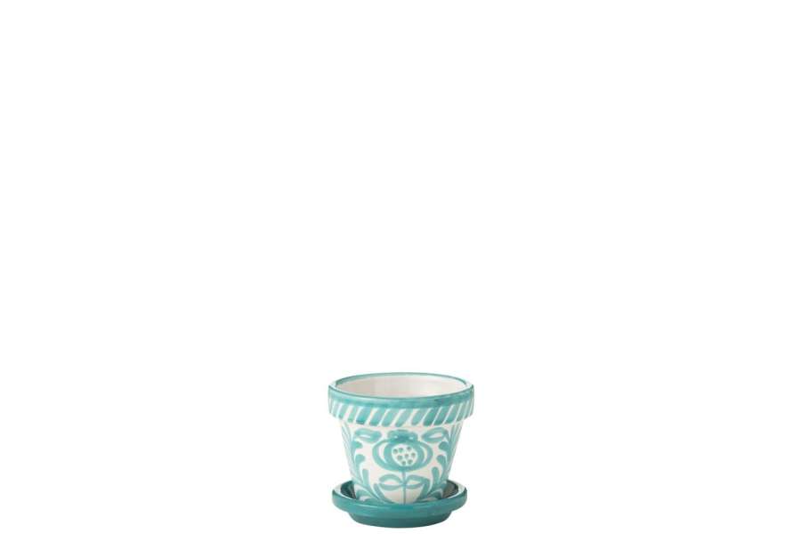 FLOWERPOT+PLATE GRANADA HANDMADE/HANDPAINTED CERAMIC AQUA/WHITE EXTRA SMALL