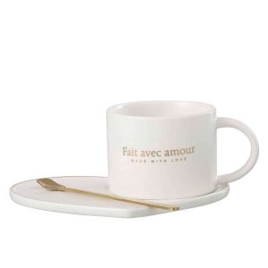 MUG + DISH + SPOON HEART PORCELAIN FRENCH WHITE