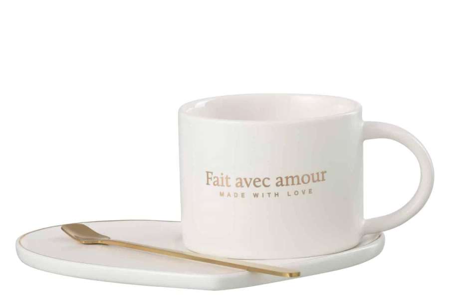 MUG + DISH + SPOON HEART PORCELAIN FRENCH WHITE