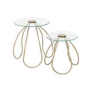 SET OF 2 SIDE TABLES ROUND METAL/GLASS GOLD