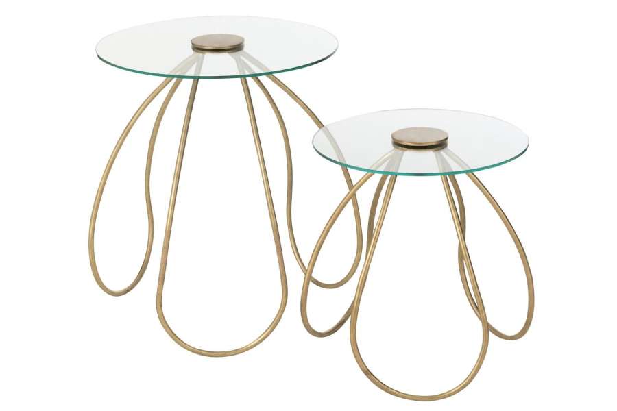 SET OF 2 SIDE TABLES ROUND METAL/GLASS GOLD