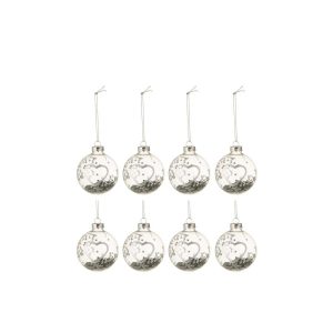BOX OF 8 CHRISTMAS BAUBLES HEART GLASS CLEAR SILVER SMALL