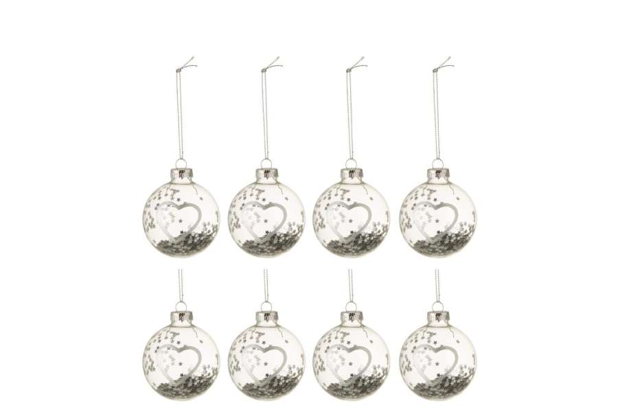 BOX OF 8 CHRISTMAS BAUBLES HEART GLASS CLEAR SILVER SMALL