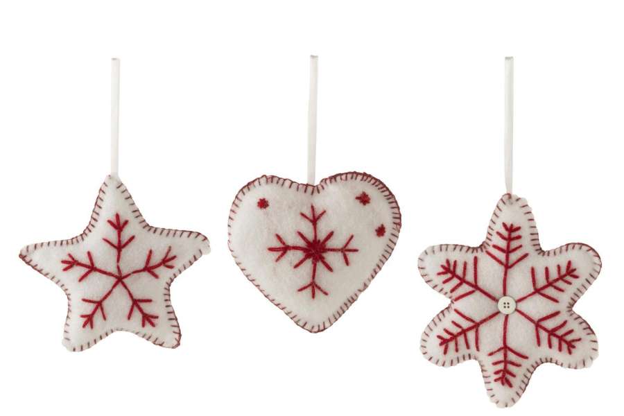 HANGER HEART/STAR/SNOWFLAKE TEXTILE RED/WHITE ASSORTMENT OF 3