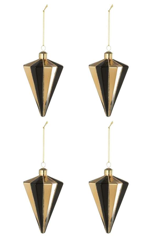 BOX OF 4 CHRISTMAS BAUBLE DIAMOND STRIPED GLASS GOLD COLORED/BLACK