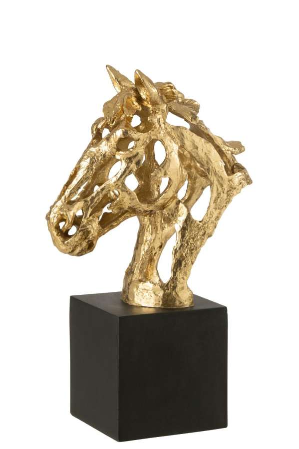 HORSE ON BASE  POLYRESIN GOLD COLORED/BLACK LARGE