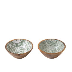 BOWL MANGO WOOD GREEN/WHITE MEDIUM ASSORTMENT OF 2