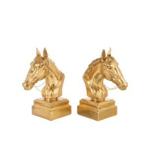 SET OF 2 BOOKEND ON BASE HORSE HEAD POLYRESIN GOLD COLORED