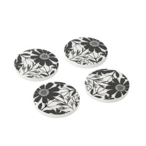 SET OF 4 COASTERS FLORAL PATTERN MANGO WOOD BLACK/WHITE