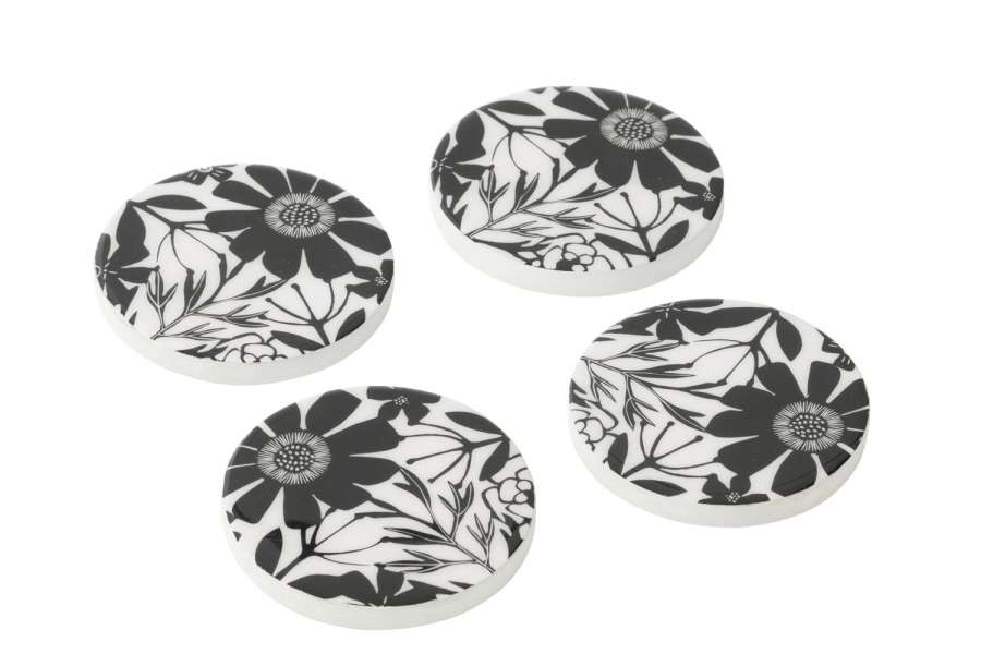 SET OF 4 COASTERS FLORAL PATTERN MANGO WOOD BLACK/WHITE