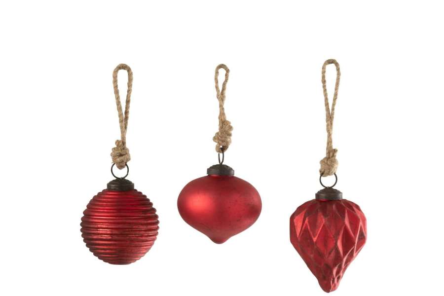 CHRISTMAS BAUBLE OXYDISED GLASS RED SMALL ASSORTMENT OF 3