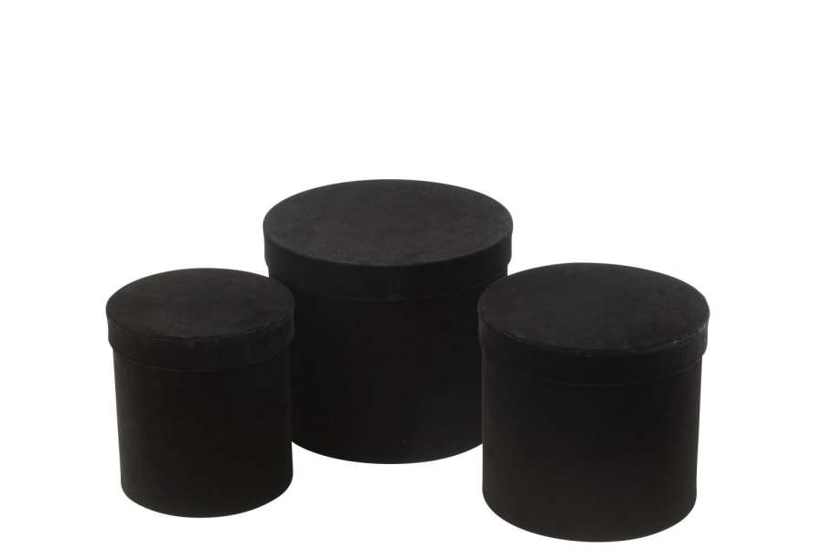 SET OF 3 BOX ROUND VELVET PAPER BLACK