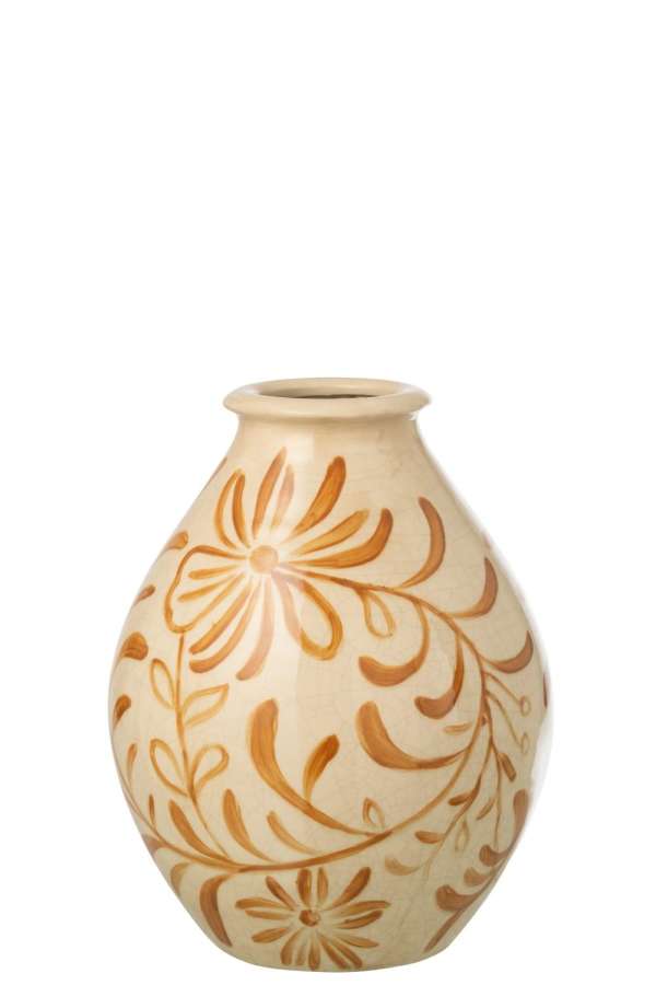 VASE FLOWERS STONEWARE OCHER YELLOW/OFF-WHITE LARGE