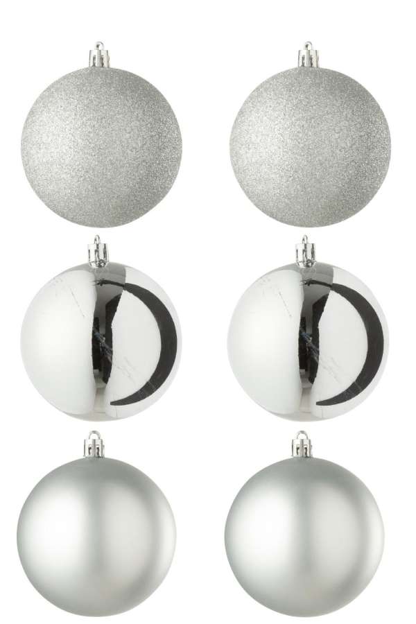 BOX OF 6 CHRISTMAS BAUBLE PLASTIC SILVER COLORED