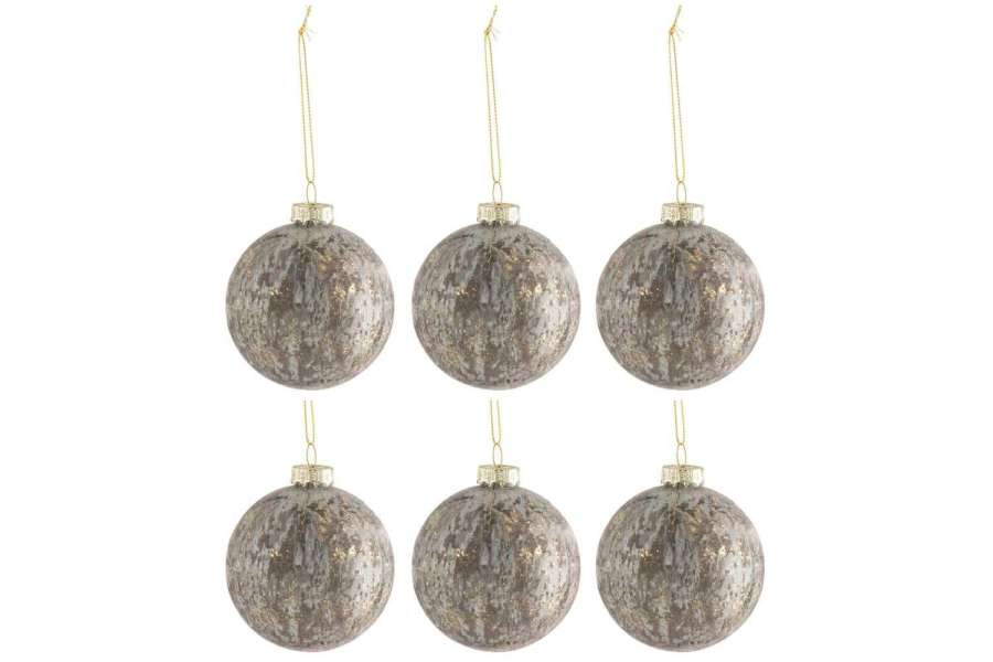 BOX OF 6 CHRISTMAS BAUBLES VELVET GLASS ANTIQUE GREY/GOLD SMALL
